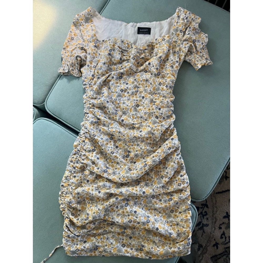 Women's Bardot Yellow Grey Floral Ruched Mini Dress M
